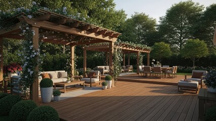 Obraz premium Modern outdoor patio with wooden pergolas and luxury furniture