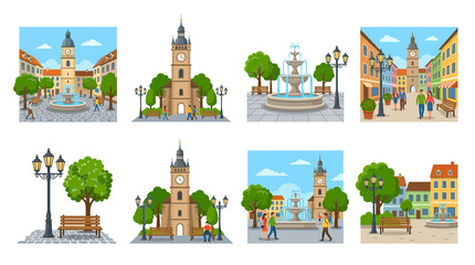 European Town Square with Clock Tower, Fountain, and People © titis