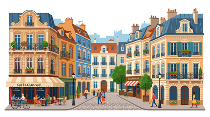 Charming Parisian Street Scene with Cafes and Historic Buildings © titis