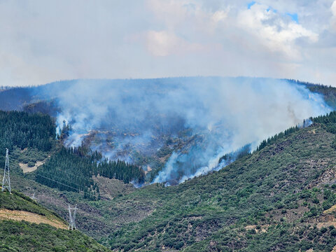 Wildfire engulfing a forested mountain range in el bierzo, spain, producing extensive smoke impacting the environment