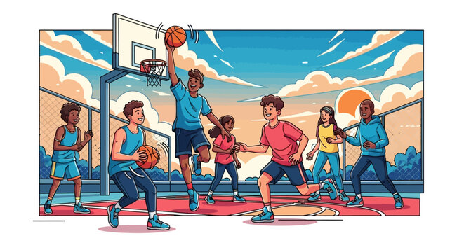 Group of diverse youths playing basketball on outdoor court at sunset