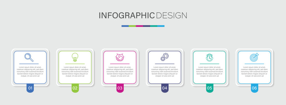 Business concept infographic template with 6 option. Six colorful graphic elements. Can be used for process diagram, presentations, workflow layout, banner, flow chart, info graph.