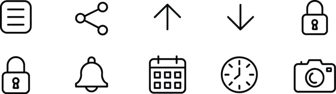 Variable stroke outline UI navigation icons set with menu share upload lock bell calendar symbols for modern interface design