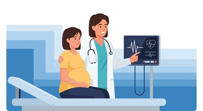 Pregnant Patient Visited By Doctor Reviewing Fetal Heart Monitor Results Illustration