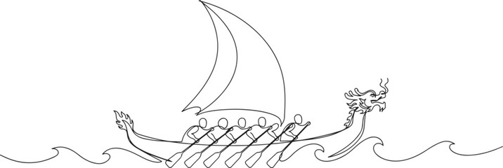 Obraz premium Continuous one line drawing dragon boat sail on the ocean with hands rowing on both sides of the boat. A cohesive team. Enthusiastic. Dragon Boat Festival. Single line draw design vector illustration