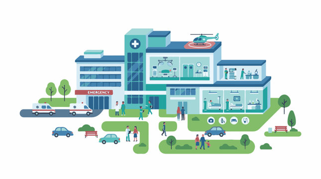 Modern medical facility with ambulances helicopter and staff (1)