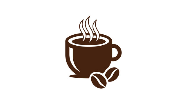 Brown coffee cup with steam and beans.