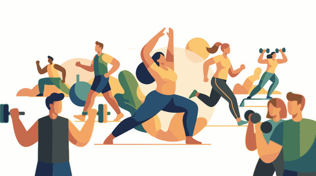 A group of people engaged in various fitness activities like yoga and weightlifting