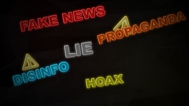 Neon Signs Displaying Misinformation Propaganda Fake News Hoax and Lies.