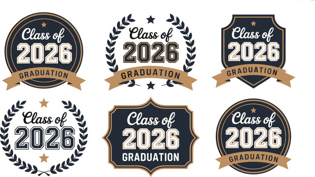 Class of 2026 Graduation Badge and Logo Set with Laurel Wreath, Diploma, Cap, and Congrats Grad Shield Emblems for Celebrations