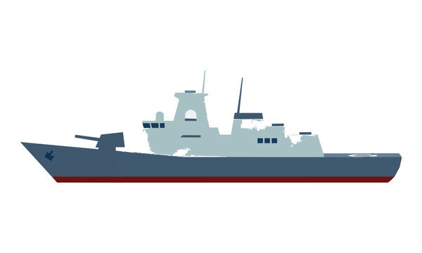 Minimalist profile of a modern military destroyer in flat design, solid colors and clean lines, isolated on white. Naval technology concept