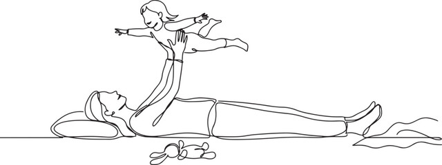 Fototapeta premium Single continuous line drawing mother lying on the floor lifting her daughter. Like an airplane. Play together. Pampering children. Single line draw design vector illustration