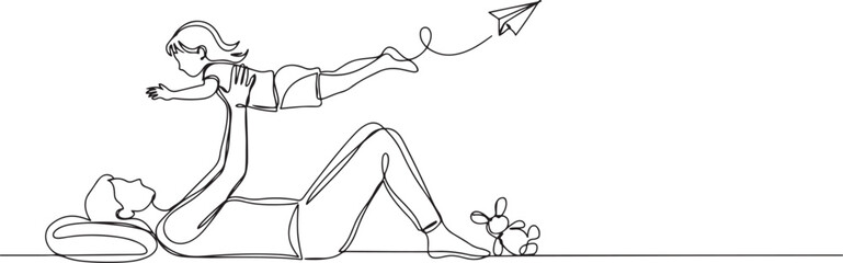 Single continuous line drawing mother lying on the floor lifting her daughter. Like an airplane. Play together. Pampering children. Single line draw design vector illustration