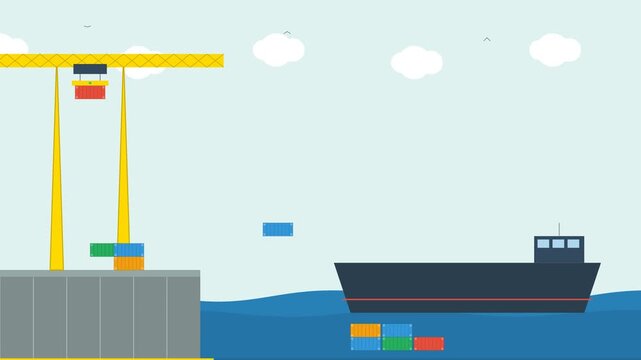 A cargo ship transports colorful shipping containers across the ocean near a port with a crane.