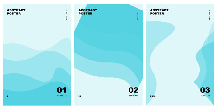 Set of three modern abstract posters with soft blue wavy layered shapes abstract template minimalist background creative corporate
