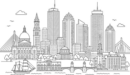 Obraz premium Boston City Skyline Line Art Vector with Landmark Buildings, Bridge, Sailing Ship, and Skyscrapers for Travel and Cityscape Designs