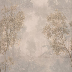 Vintage Misty Forest Landscape Wallpaper   Serene Neutral Botanical Wall Mural © SWAPNA