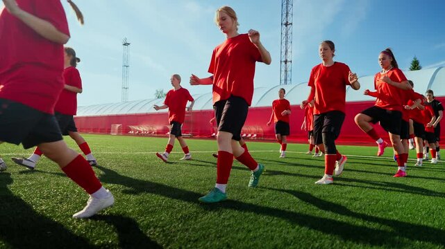 Intensive womens soccer training session with team performing coordinated warmup drills and dynamic fitness exercises on outdoor artificial turf field