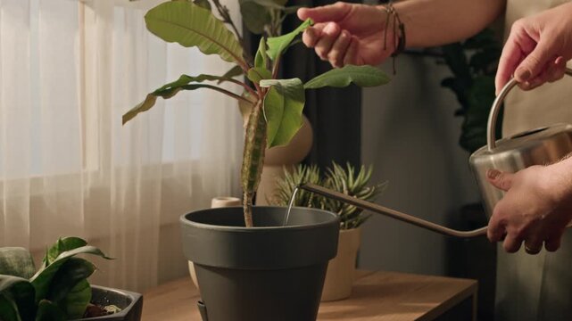 Close up of Caucasian man placing potted plant on wooden cabinet then woman watering houseplant with metal watering can. For home gardening, plant care, and sustainable lifestyle commercial concepts