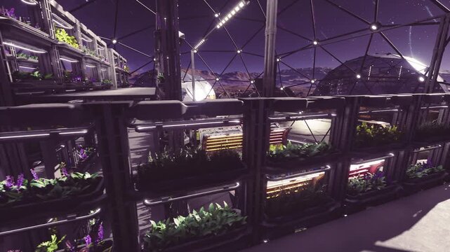 dusklit hydroponic modules with warm glow from linear lights, vivid plant rows, compact walkway, lively contrast between warm interior light and cool night