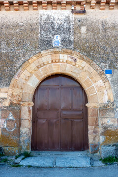Northern Romanesque Portal of the Church of San Pedro Apostol, 12th Century Medieval Architecture in Bernuy Salinero, Avila, Castilla y Leon, Spain