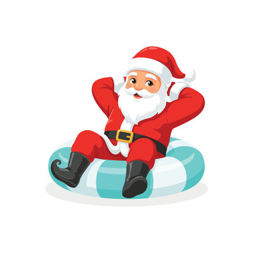 Relaxed santa claus in his traditional red suit and black boots sitting on a blue and white striped inflatable pool float for summer holidays