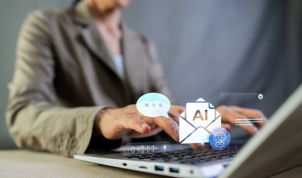 Businesswoman using AI assistant chatbot for smart email writing and digital marketing communication