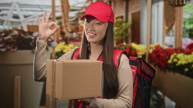 Woman courier holding a cardboard package, hand making ok sign, wearing red cap and backpack inside a building florist shop with flowers visible; helpful service cheerful.