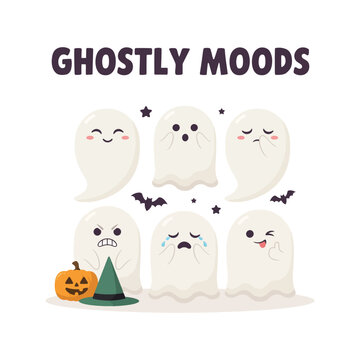 Set of six cute cartoon ghost characters showing different emotions and moods with a jack o lantern and a witch hat for halloween party