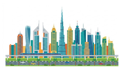 Fototapeta premium Modern Dubai Business District Skyline Flat Vector Illustration on White Background