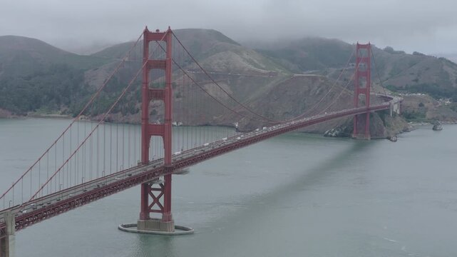 Golden Gate Bridge, Marin Headlands - Aerial Wide Shot On Rainy Day