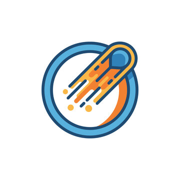 A stylized graphic icon of a bright comet in a circle