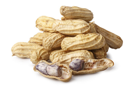 A pile of boiled peanuts in their shells isolated on a transparent background