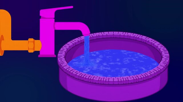 Flat 2D vector animation of a water tap pouring fresh water into a purple tub container on a dark blue backdrop, Cute cartoon water faucet filling a plastic pool basin video.