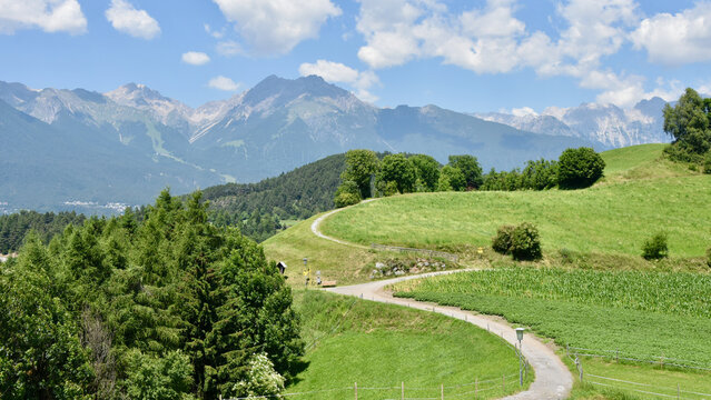 Austrian Alpine Landscape in Summer in Pitztal Valley with Hiking Path