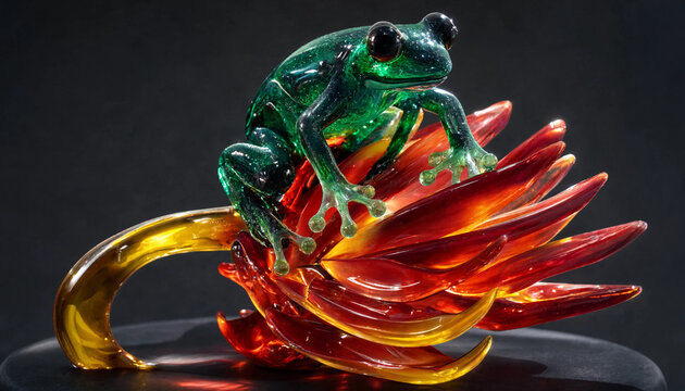Glass sculpture of vibrant green tree frog resting atop intricate red floral petals with yellow stem base set against dark solid background showcasing artisan craftsmanship and lighting.