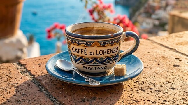 Enjoying an Italian espresso in a hand-painted cup with a Positano view, showcasing the soul of Italian espresso and a relaxing morning Italian espresso on the Amalfi Coast.
