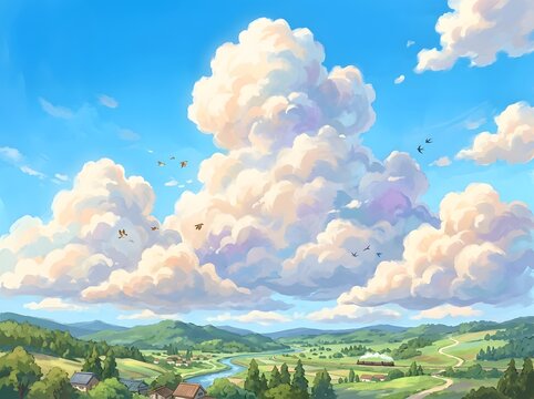 Pastoral landscape with dramatic cumulus clouds and birds
