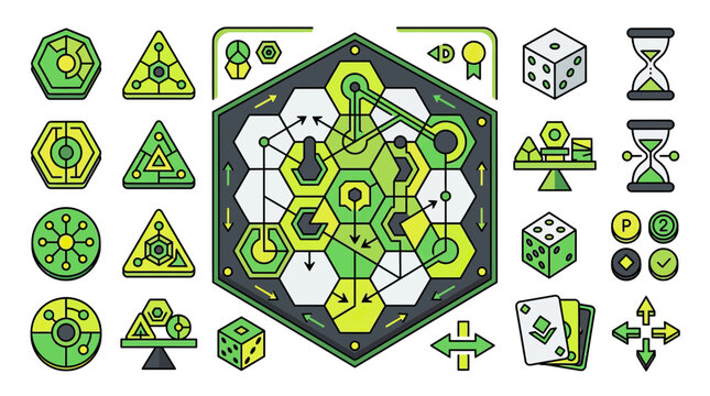 Geometric shapes in green and yellow.