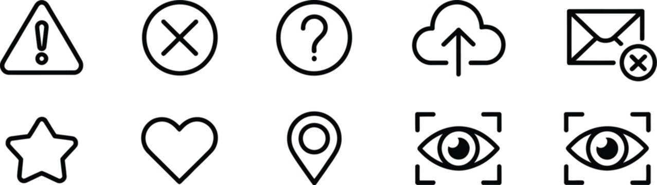 Black line UI icon set warning cross question cloud mail heart star location eye view symbols on white background
