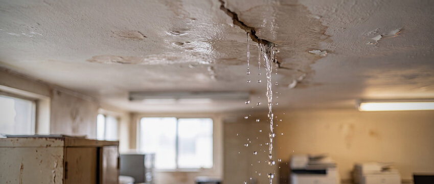 Water damage stains on cracked ceiling hole leaking in decayed office space. Leaky roof or burst pipe issue