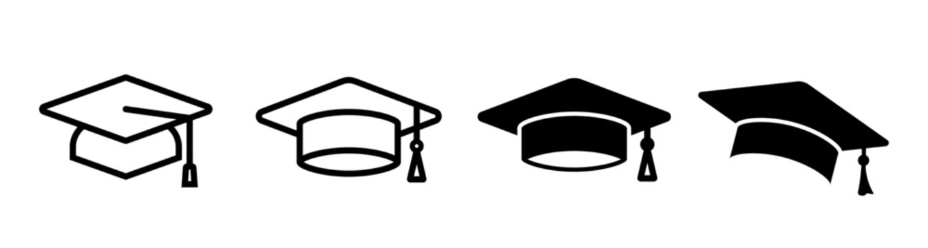 Graduation cap icons. Black academic student hat icon