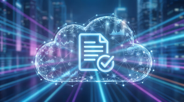Glowing digital document icon centered inside a complex interconnected cloud computing network structure featuring bright blue light lines and data visualization charts floating in a futuristic virtua