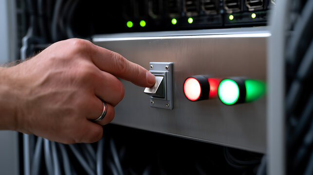 Close up of a hand activate a toggle switch on a server rack control panel with illuminated indicator lights, showing readiness and operation in a data center facility