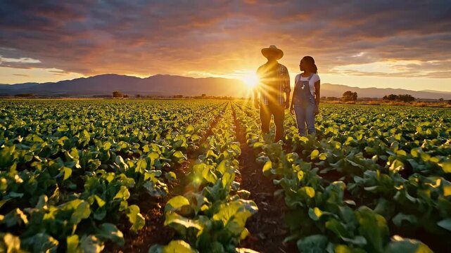 Farmers walking through rows of green crops during sunset. Colorful sky with mountains in background. Concept of agriculture, farming, sustainable crops
