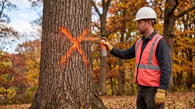 Worker Tree Marking Spray Paint applying orange cross sign on trunk preparing for removal applicable for forestry management blogs and lumberjack service ads