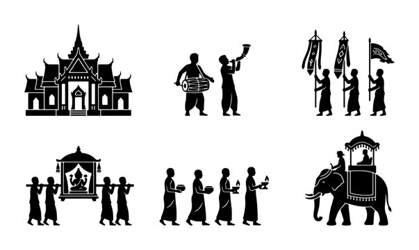 Thai Cultural Procession Icons: Temple, Elephant, Ceremony, Musicians