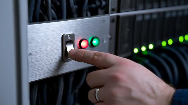Human hand switch, engage, or shut down a server rack control panel in a data center, with indicator lights glowing green and red