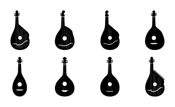 Lute String Instrument Icons, Folk Music Guitar Silhouettes, Classical Mandolin Vector Set
