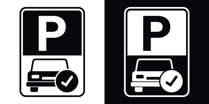 Approved car parking space sign vector icon with a checkmark symbol. Clean black and white graphics for reserved or valid parking.